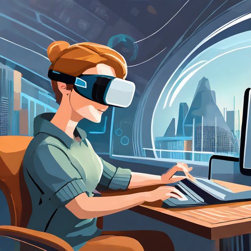 Frau VR vor dem Bildschirm